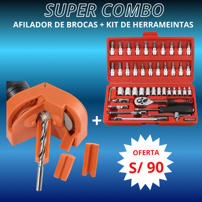 COMBO  AFILADOR DE BROCAS + KIT DE HERRAMIENTAS DE 46 PIEZAS