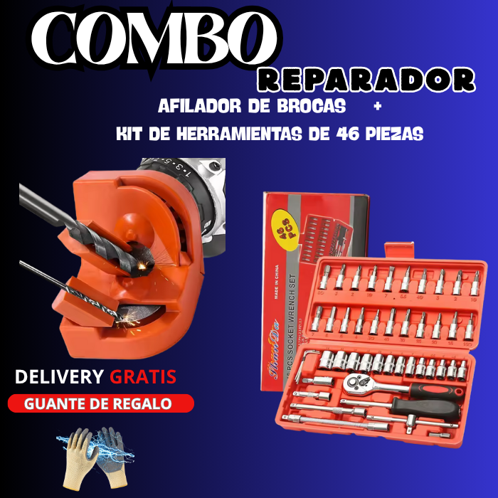 COMBO AFILADOR DE BROCAS + KIT DE HERRAMIENTAS DE 46 PIEZAS