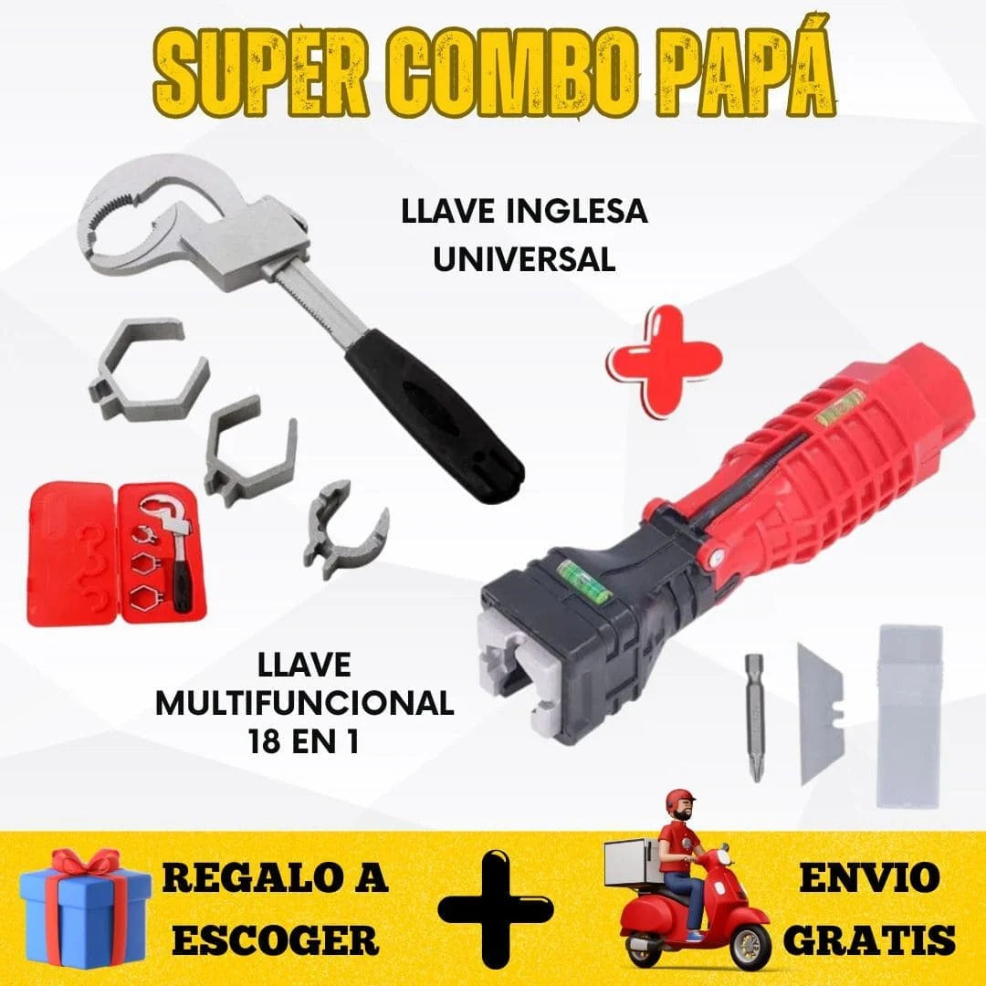 COMBO GASFITERO  llave inglesa universal + llave multifuncional 18 en 1