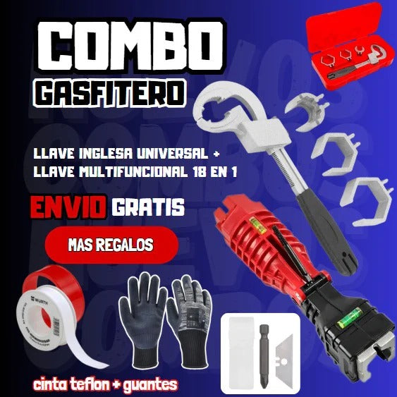 COMBO GASFITERO  llave inglesa universal + llave multifuncional 18 en 1